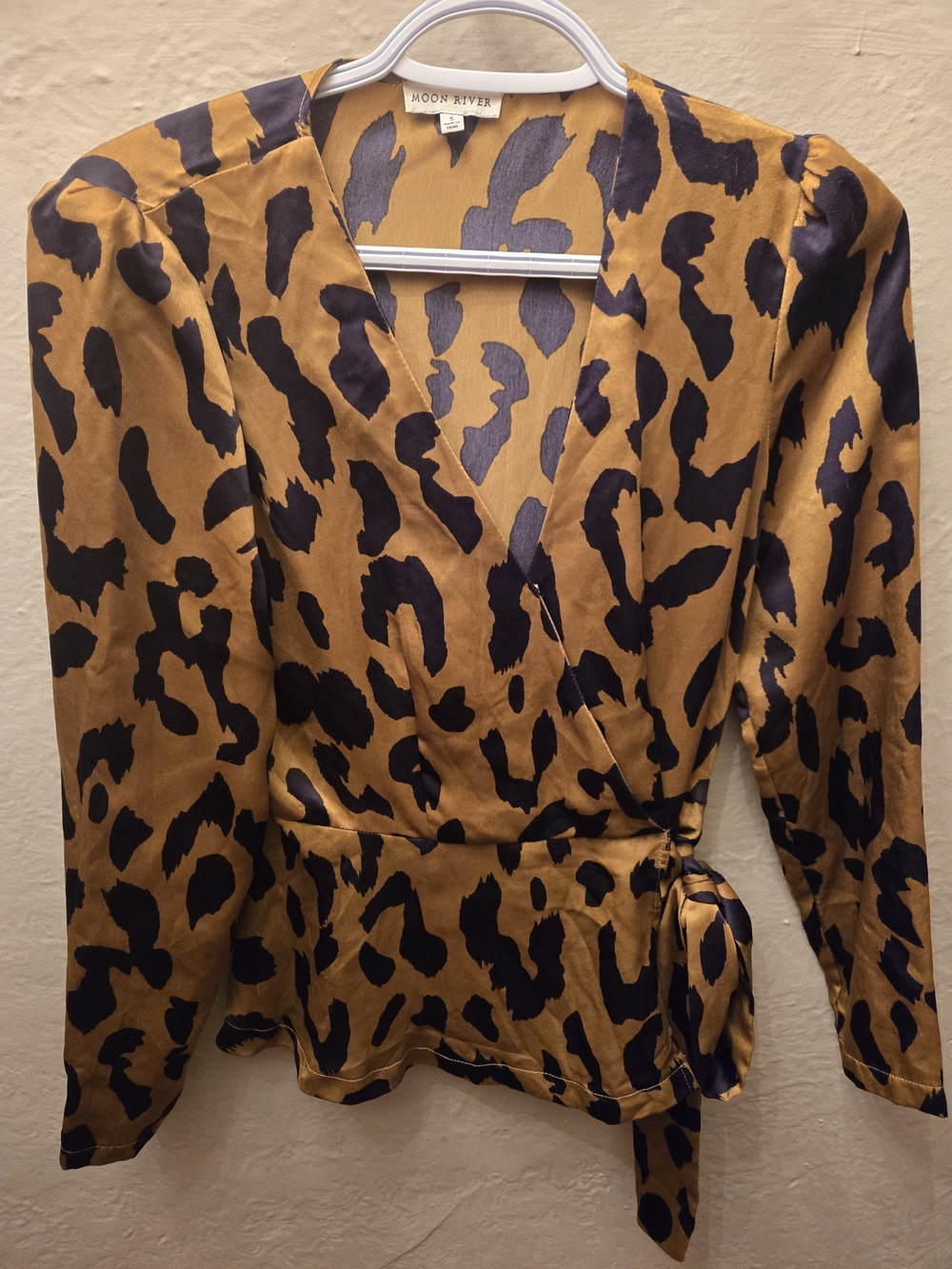Moon River Leopard Print Wrap Blouse Satin Animal Print Top S